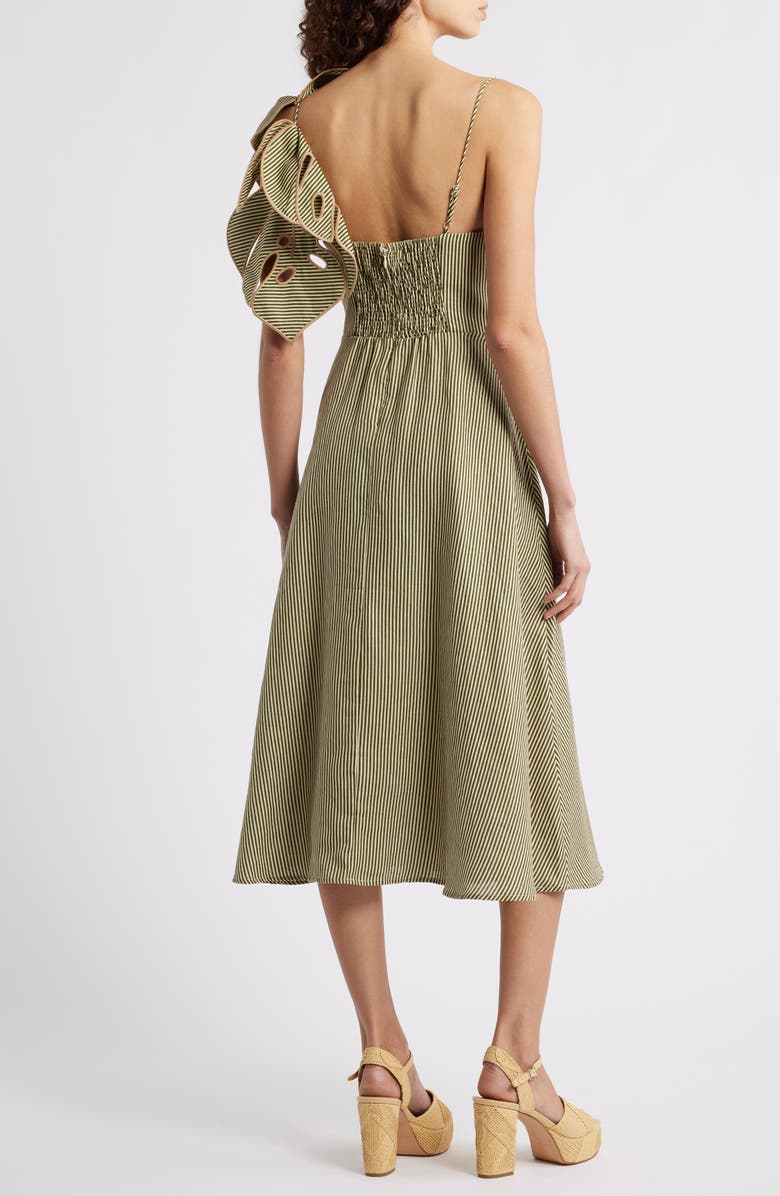 FARM Rio Stripe Monstera Leaf Sleeveless Linen Midi Dress, Alternate, color, Green