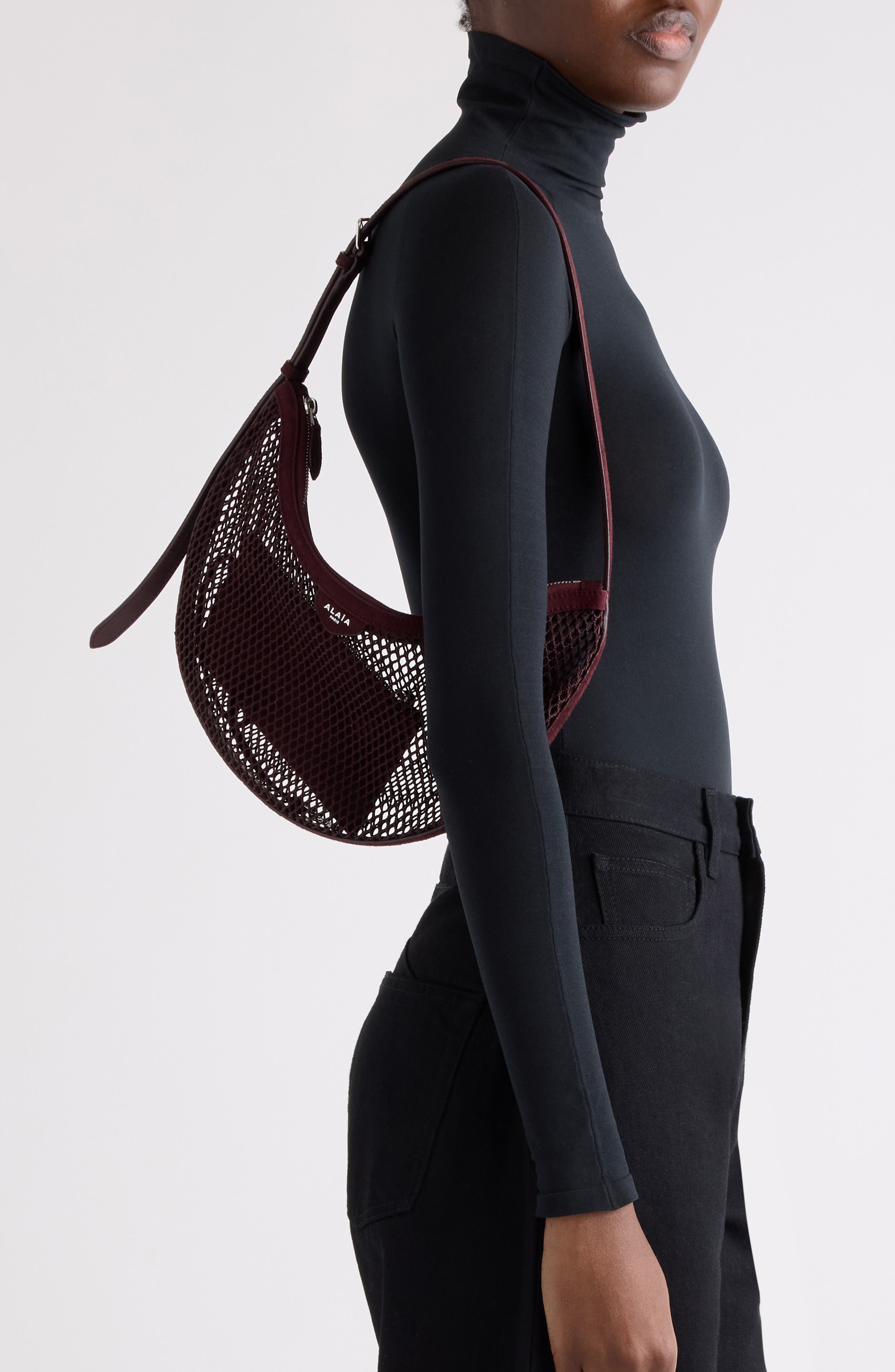One Piece Demi Lune Fishnet & Suede, Alternate, color, ROUGE GRENAT 325