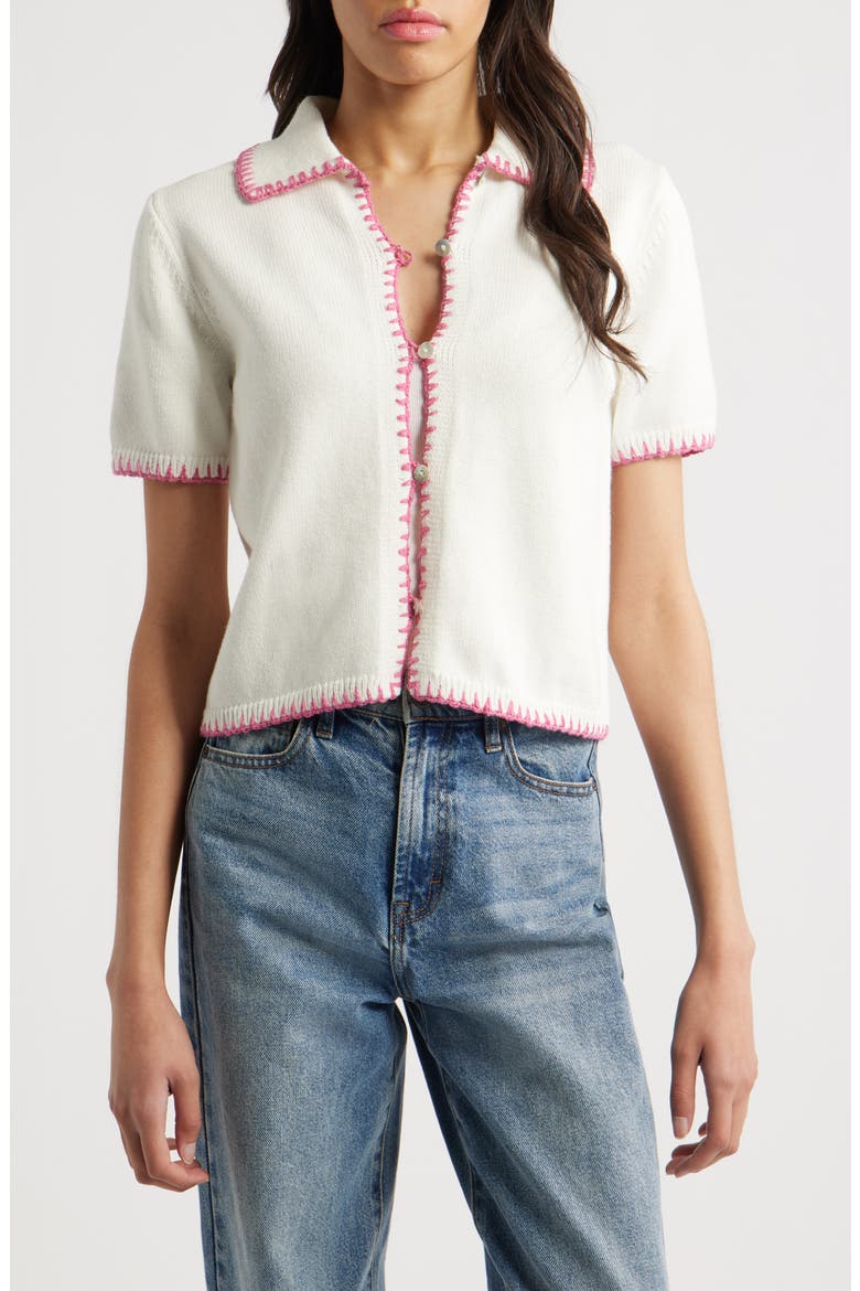 Maliah Blanket Stitch Cotton Polo Sweater, Main, color, IVORY HIBISCUS