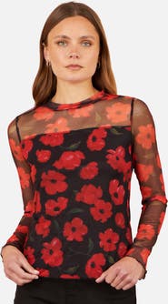 Yumi Poppy Sheer Mesh Long Sleeve Top