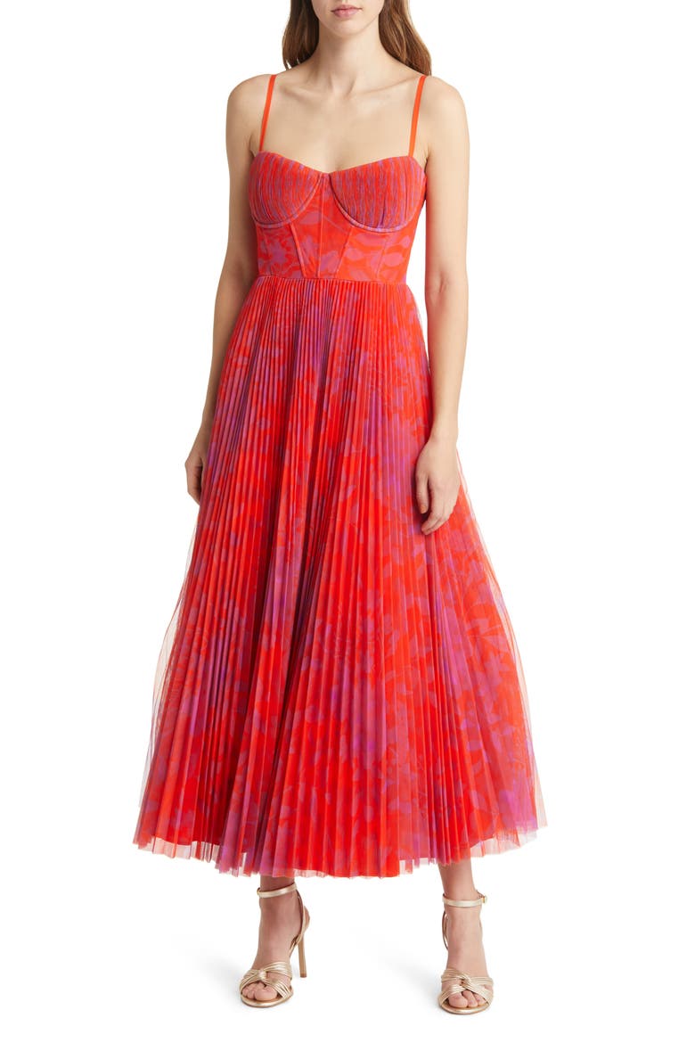 fitted bustier flared skirt dress Bustier Pleated Midi Dress