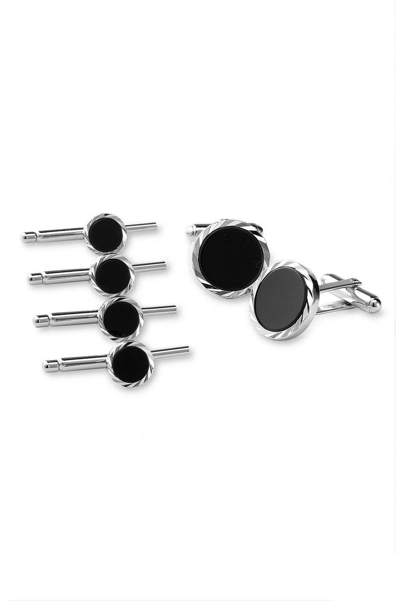 Onyx Cuff Link & Stud Set, Main, color, SILVER