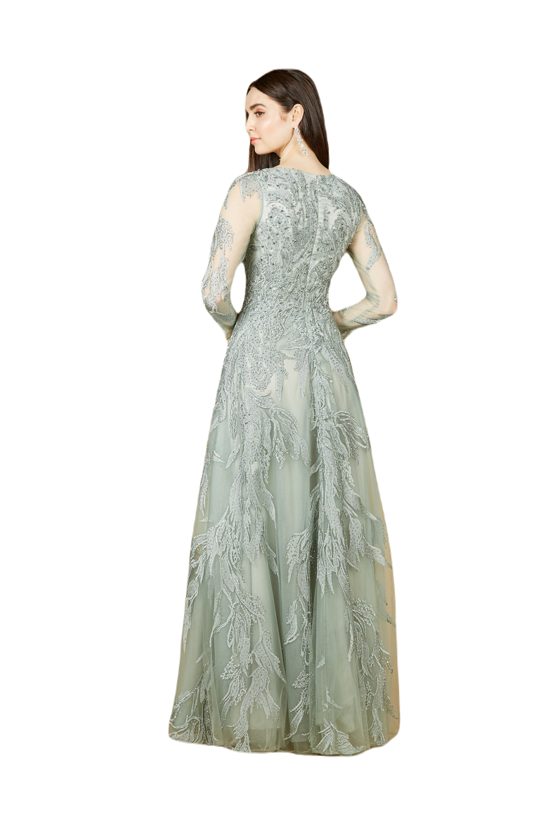 Long Sleeve Lace Ballgown with V-Neck, Alternate, color, Sage