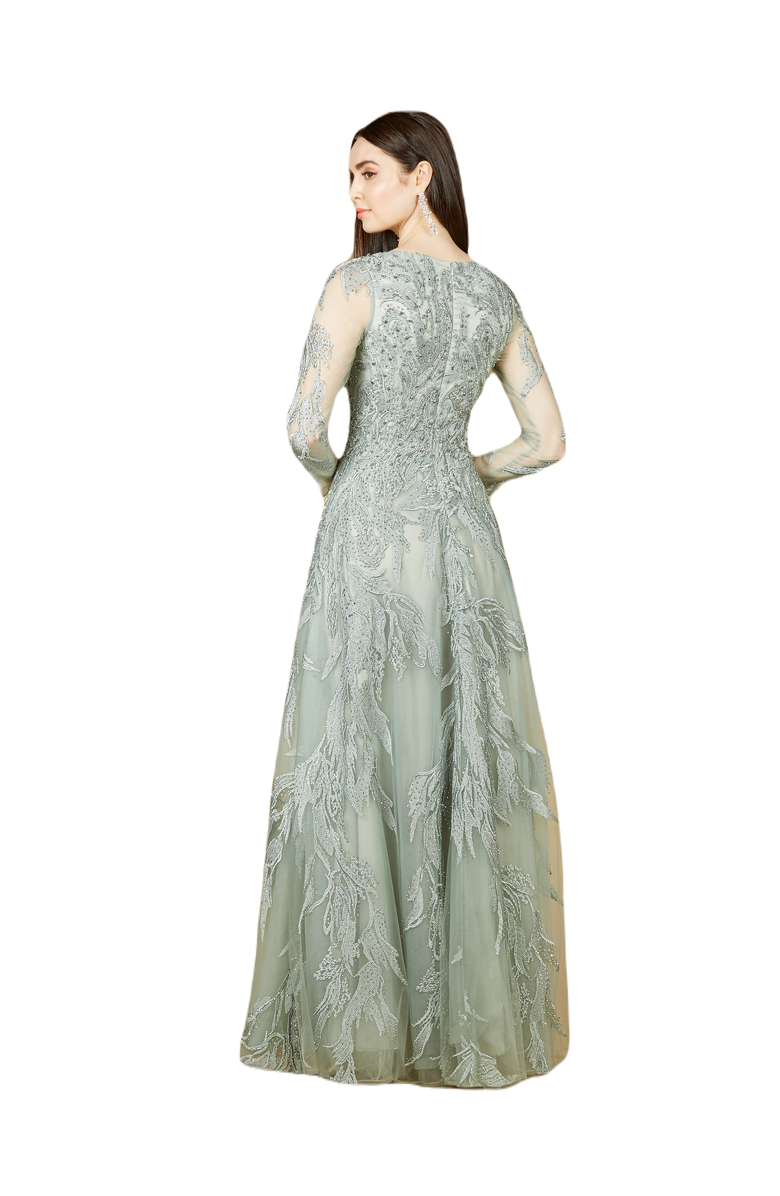 LARA New York Long Sleeve Lace Ballgown with V-Neck, Alternate, color, Sage