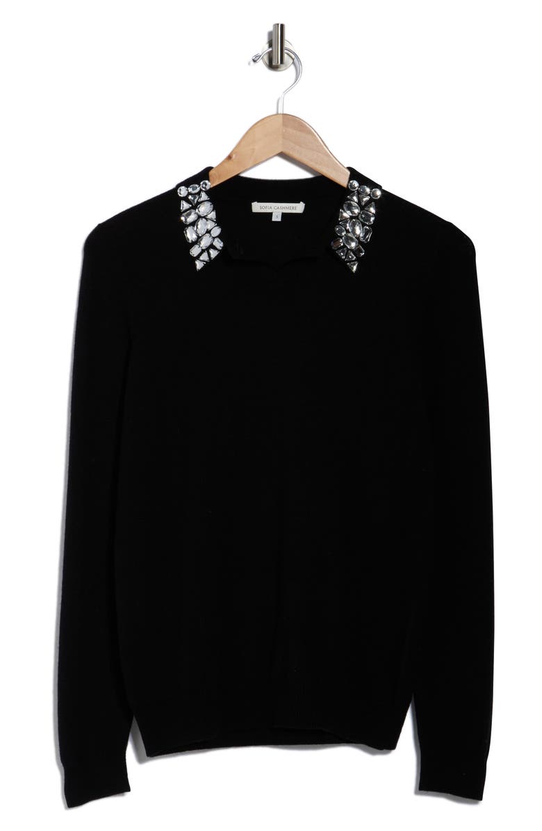 Sofia Cashmere Embellished Collar Polo, Alternate, color, Black