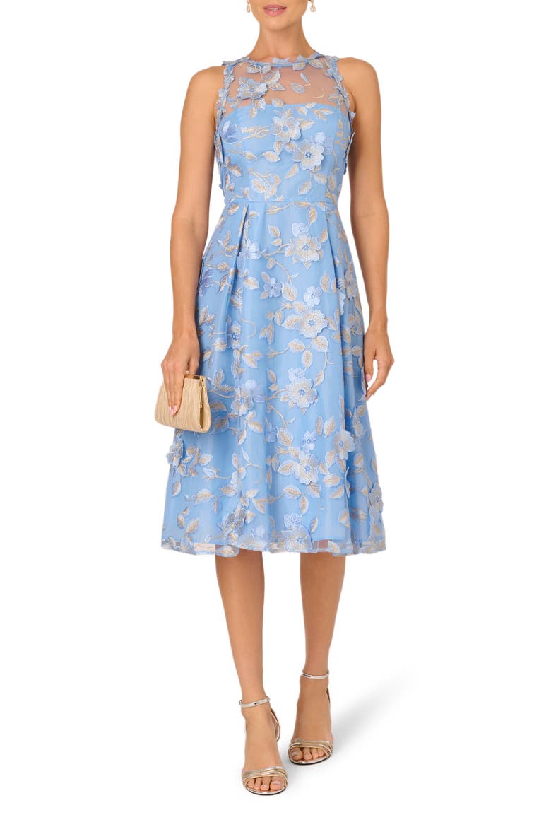 Floral Embroidered Fit & Flare Midi Cocktail Dress, Main, color, LIGHT BLUE/ GOLD