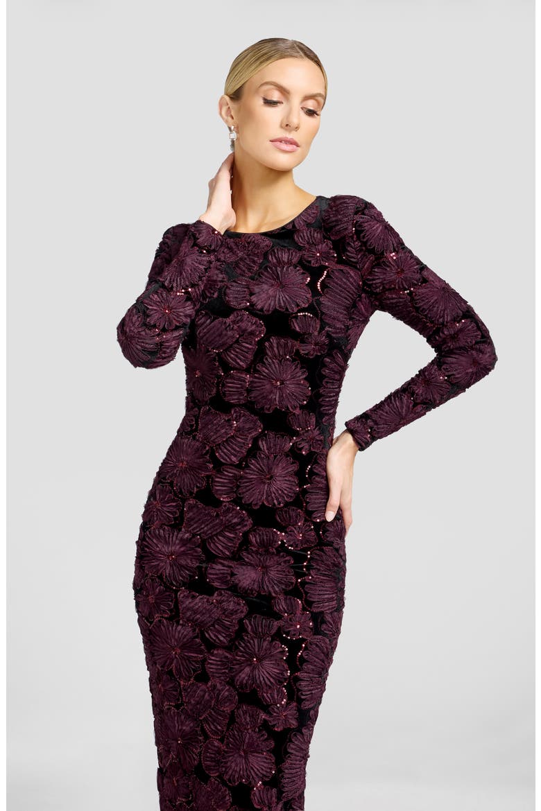 Emmalyn Sequin Appliqué Long Sleeve Cocktail Midi Dress, Alternate, color, BURGUNDY-BLACK