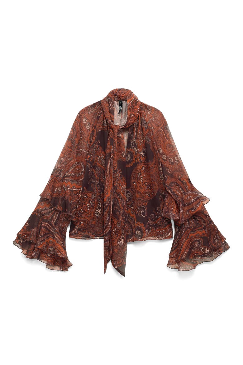 Jewell Ruffle Sleeve Tie Neck Top, Main, color, RUSSET