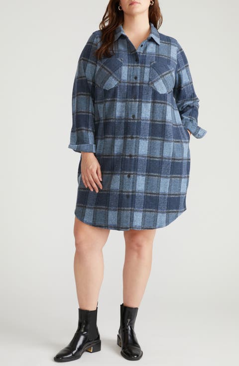 Long Sleeve Check Flannel Shirtdress (Plus)