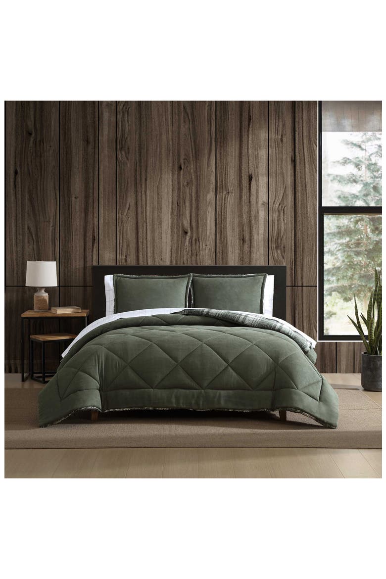 Big Lake Plaid Reversible Faux Shearling Comforter Set, Alternate, color, GREEN