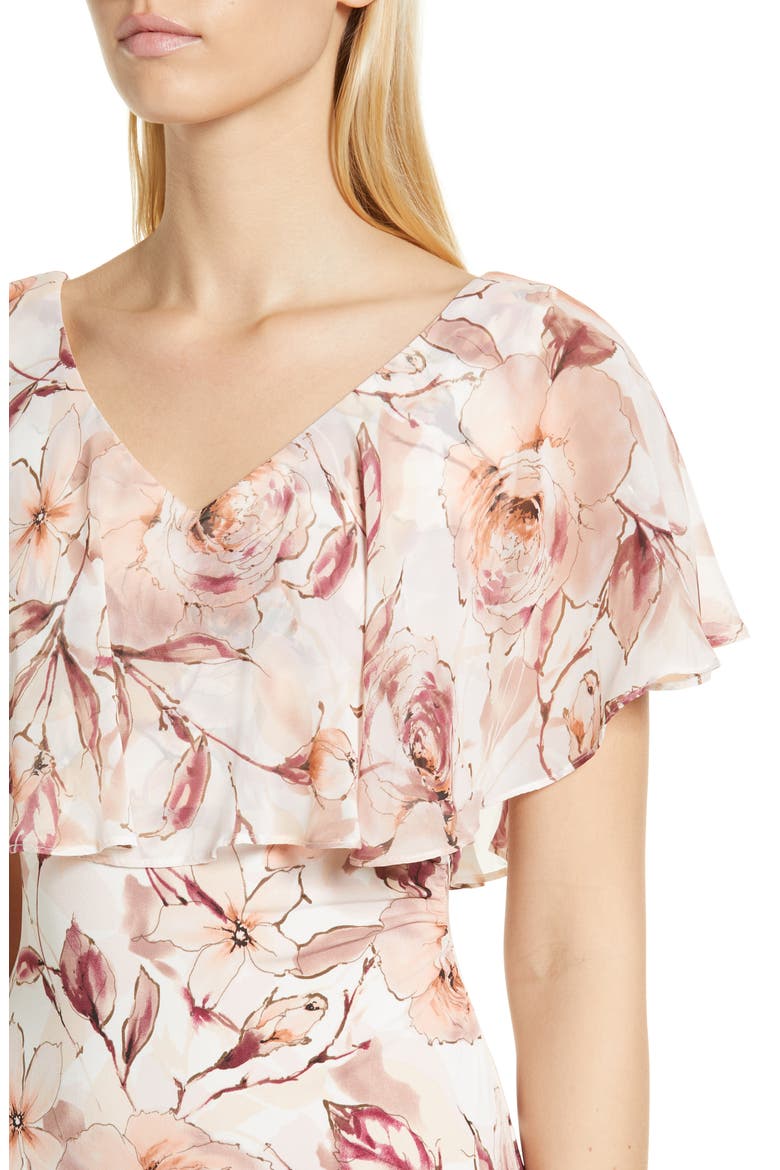 Floral Print Ruffle Neck Midi Dress, Alternate, color, CAMEO