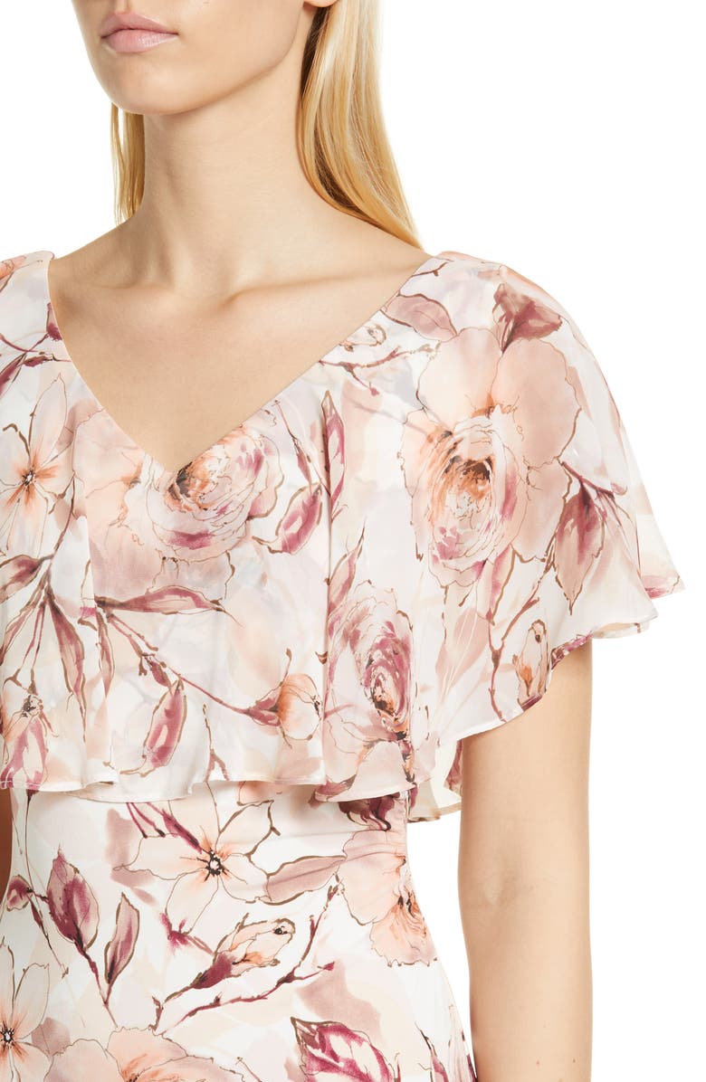 Connected Apparel Floral Print Ruffle Neck Midi Dress, Alternate, color, 