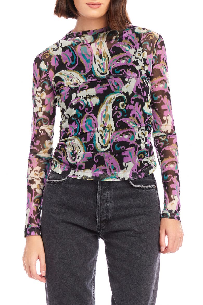 Khami Print Shirred Mesh Top, Main, color, PAISLEY