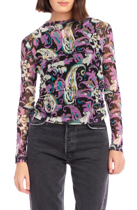 Khami Print Shirred Mesh Top