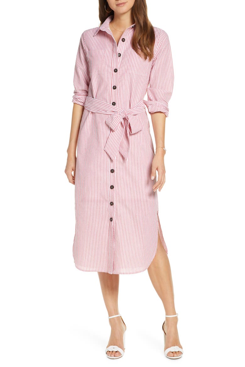 Stripe Belted Shirtdress, Main, color, RED- WHITE