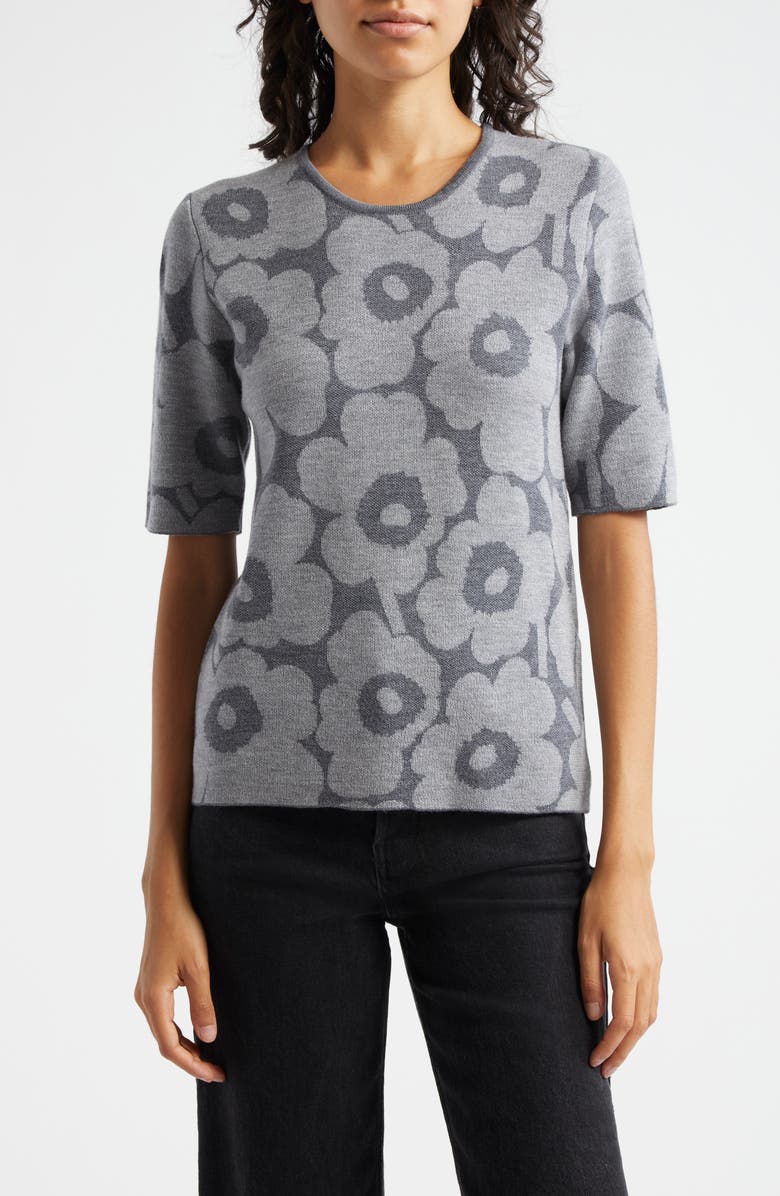 Marimekko Kehys Unikko Short Sleeve Wool Sweater, Main, color, Grey Dark Grey