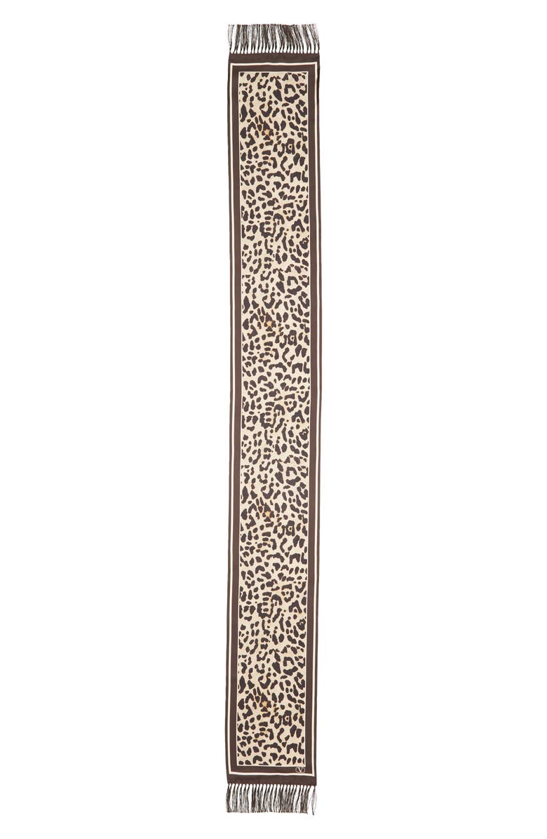Valentino Garavani Leopard Print Twill Fringe Scarf, Main, color, Multicolor Animalier