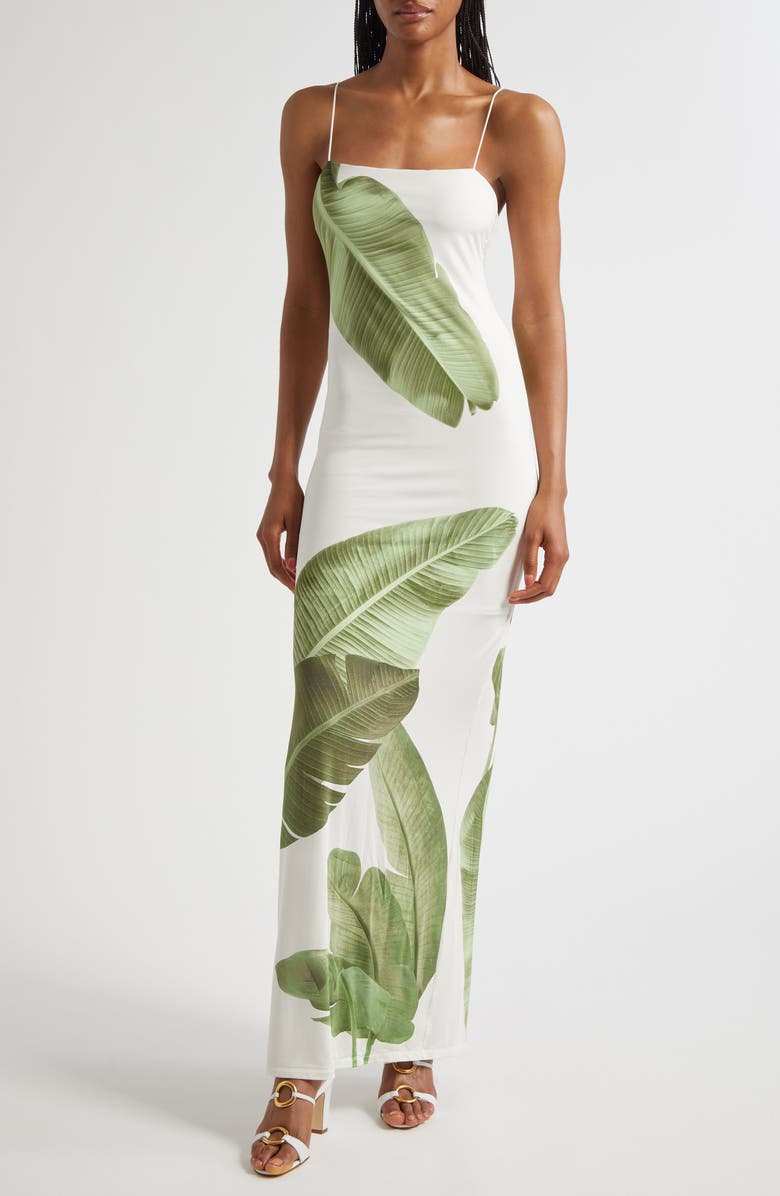 Alice + Olivia Fifi Palm Column Maxi Dress, Main, color, Jungle Palm Off White