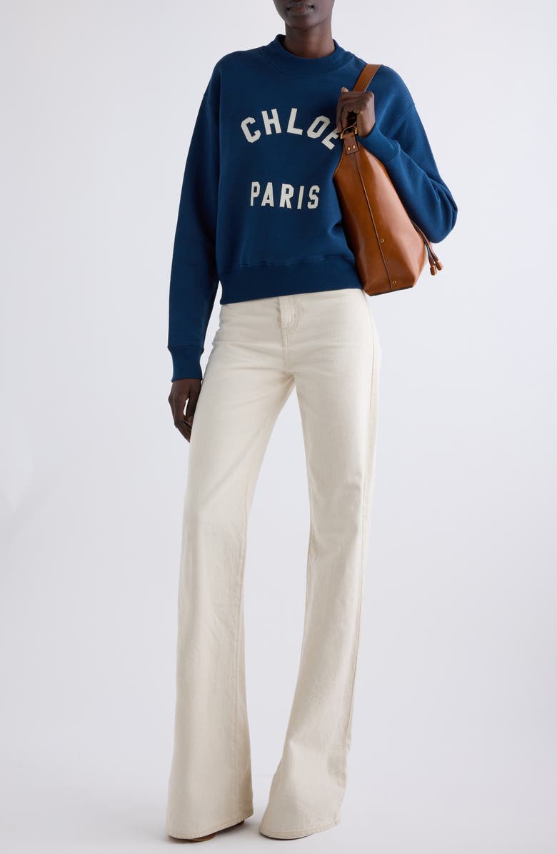 Chloé Paris Logo Appliqué Cotton Fleece Crop Sweatshirt, Alternate, color,