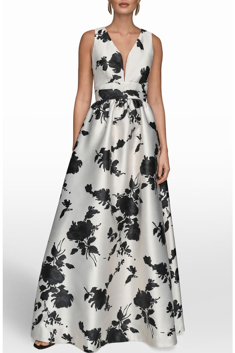 formal floral dresses Andrea & Leo A1334 Long Prom Dress Burgundy Floral Midi Dress le-lis Sweep train Pockets Skirt Size:20 R