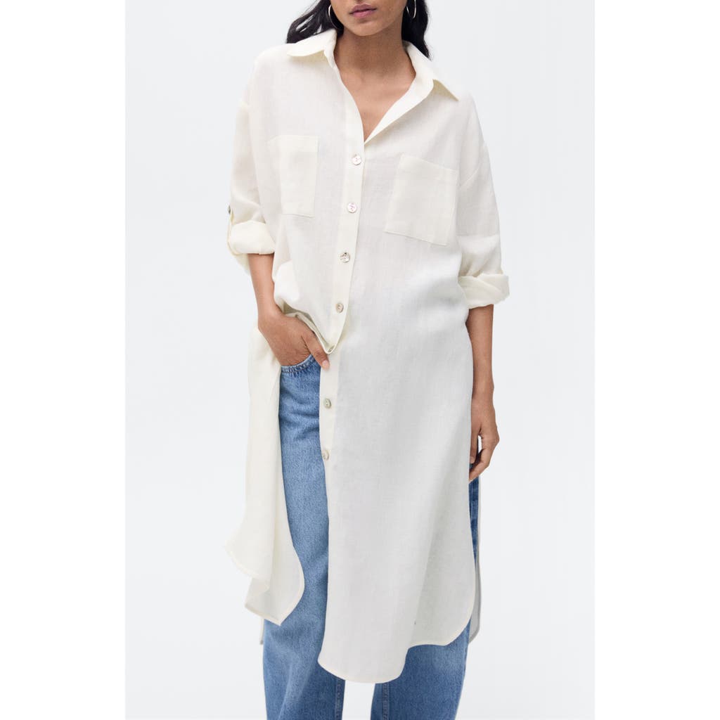 Mango Longline Linen Button-up Shirt In White