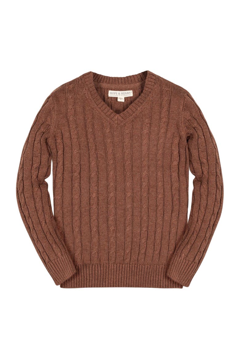 Boys' Organic Fine Gauge Cable V-Neck Sweater, Kids, Main, color, Cinnamon Heather Cable