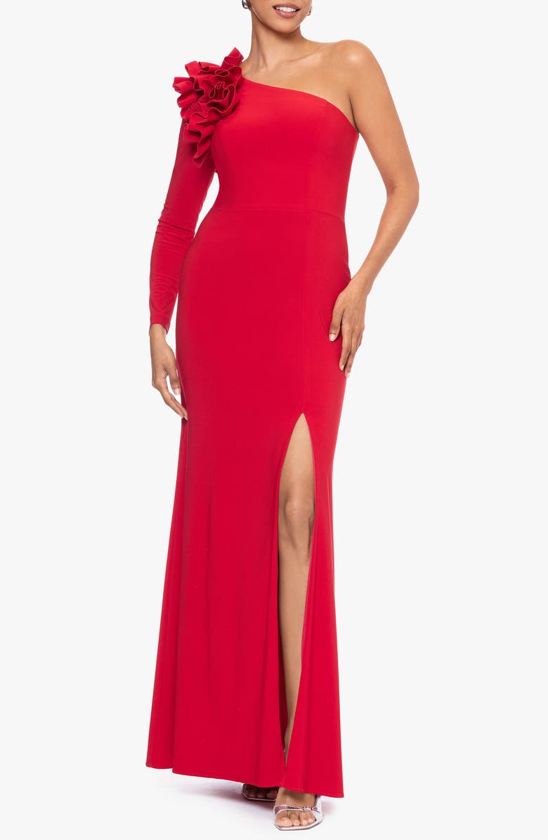 Xscape Evenings Ruffle One-Shoulder Gown, Main, color, 