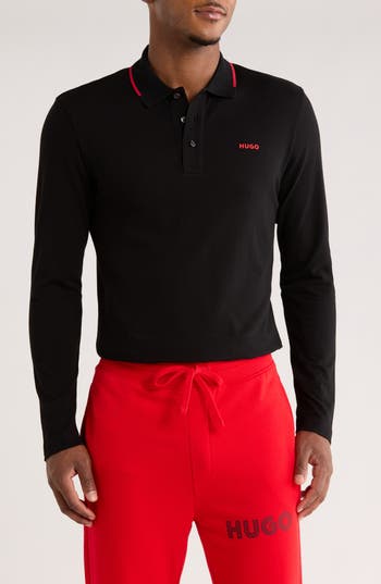 Hugo Boss Hugo Derriko Long Sleeve Cotton Polo In Black