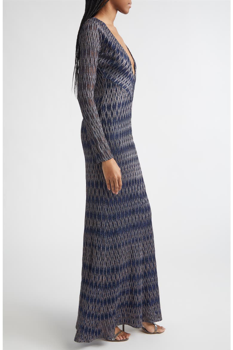 Long Sleeve 3D Diamond Pattern Lamé Maxi Dress, Alternate, color, BLUE TONES