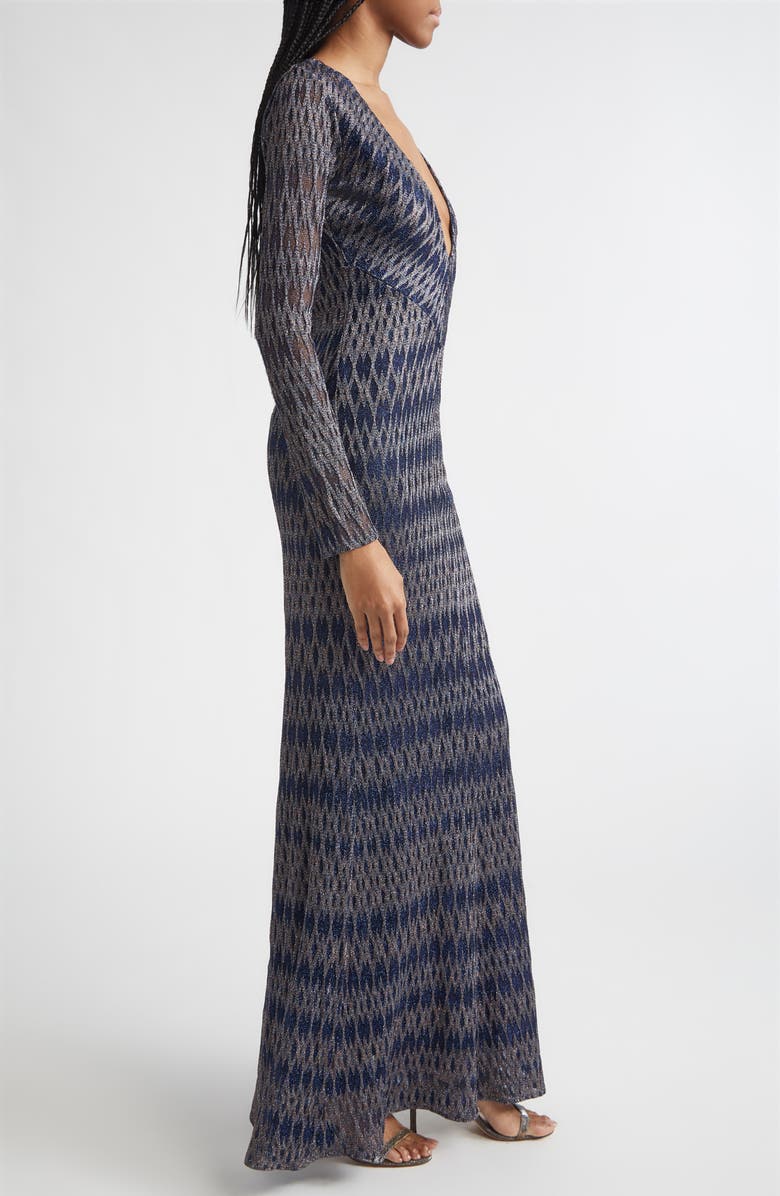 Missoni Long Sleeve 3D Diamond Pattern Lamé Maxi Dress, Alternate, color, Blue Tones
