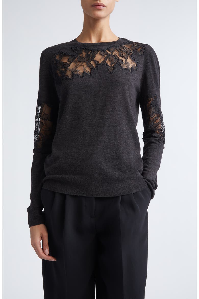 Lace Inset Merino Wool Crewneck Sweater, Main, color, GRAPHITE