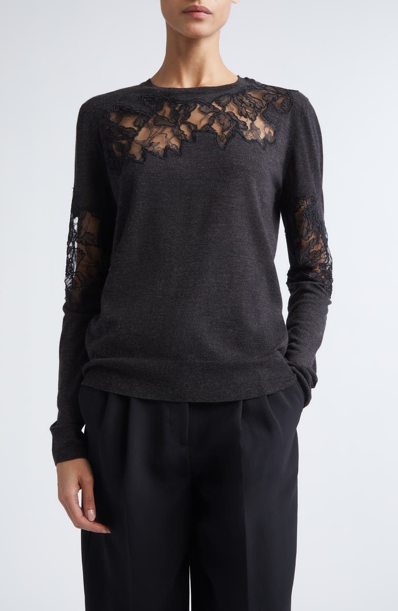 Jason Wu Collection Lace Inset Merino Wool Crewneck Sweater, Main, color, Graphite