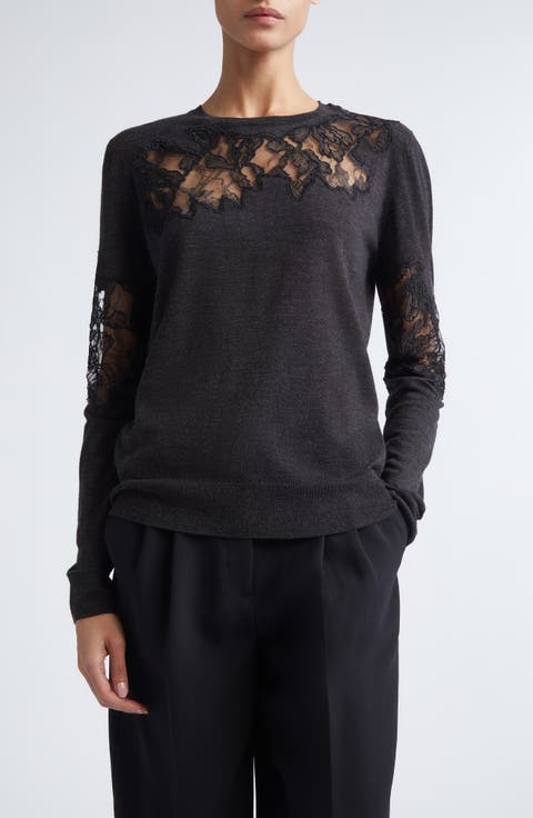 Lace Inset Merino Wool Crewneck Sweater
