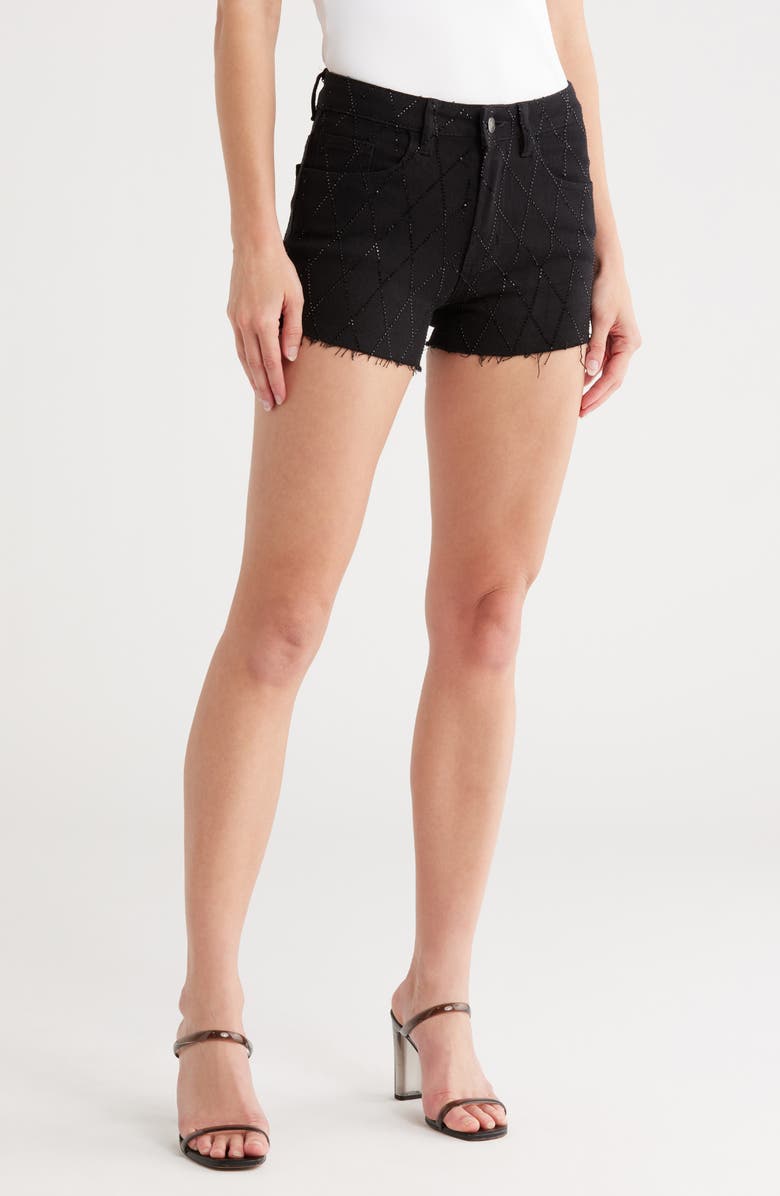 Madden Girl Rhinestone Front Raw Hem Denim Shorts, Main, color, 