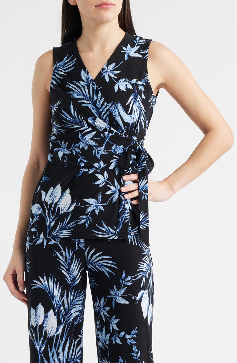 Anne Klein Floral Sleeveless Wrap Top, Main, color, Anne Black Multi