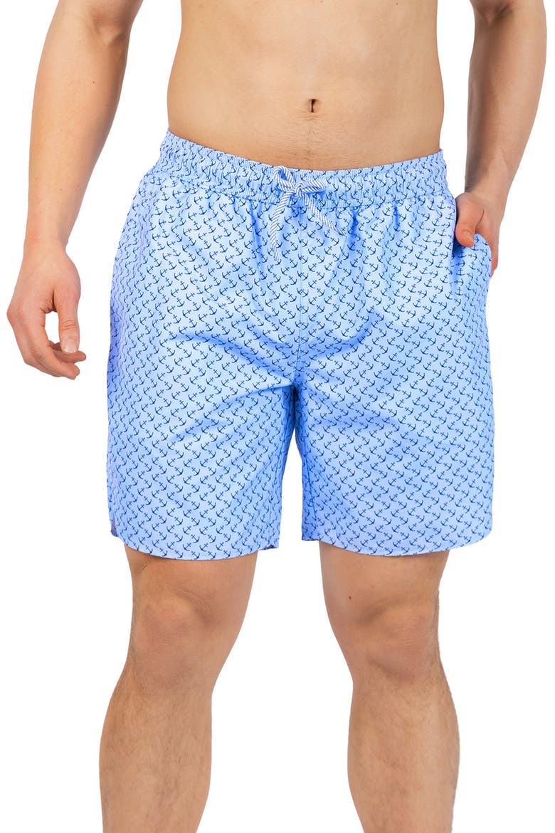Anchors Print Swim Trunks, Main, color, LIGHT BLUE