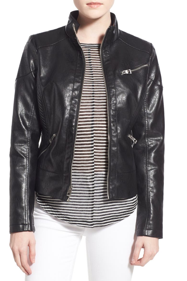Quilt Detail Faux Leather Stand Collar Jacket, Main, color, BLACK