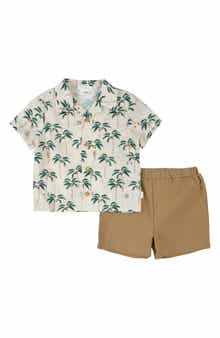 FIRSTS by Petit Lem Palm Trees Crosshatch Camp Shirt & Khaki Shorts Set