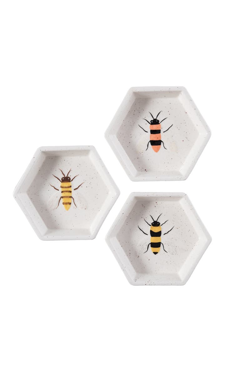 Dolomite Bee Trinket Dish Set of 3 Multicolored for Spring Tabletop Decor, Main, color, Beige