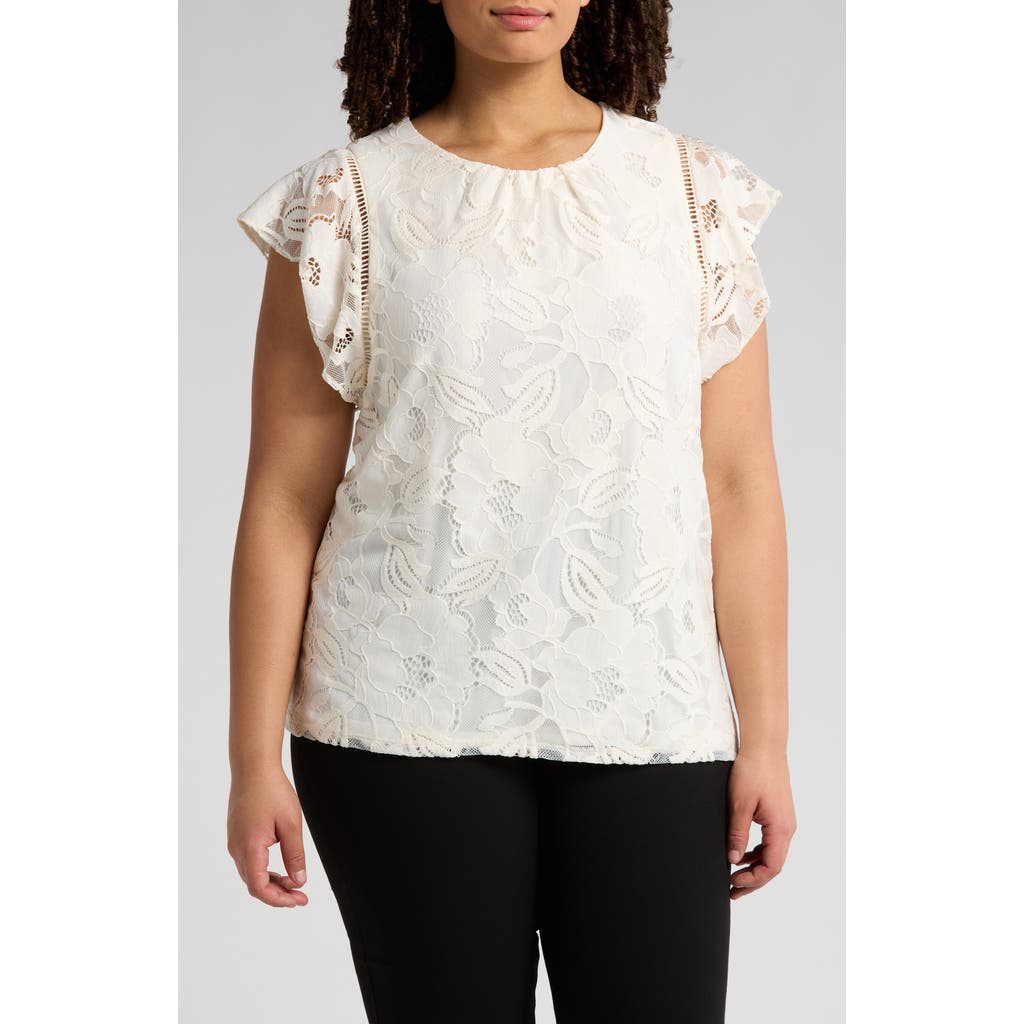 Anne Klein Flutter Sleeve Lace Top In White Dove