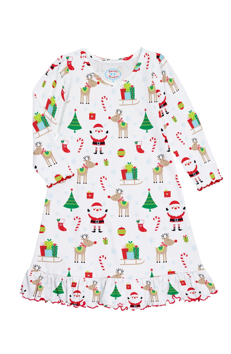 Sara’s Prints Long Sleeve Ruffle Nightgown, Main, color, White Christmas