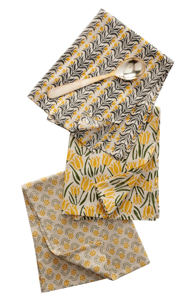 Anthropologie Home Set of 3 Block Print Cotton & Linen Dishtowels, Alternate, color, 