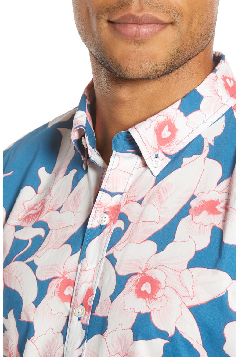 Slim Fit Floral Short Sleeve Button-Down Shirt, Alternate, color, CYANOTYPE FLORAL - STRAWBERRY
