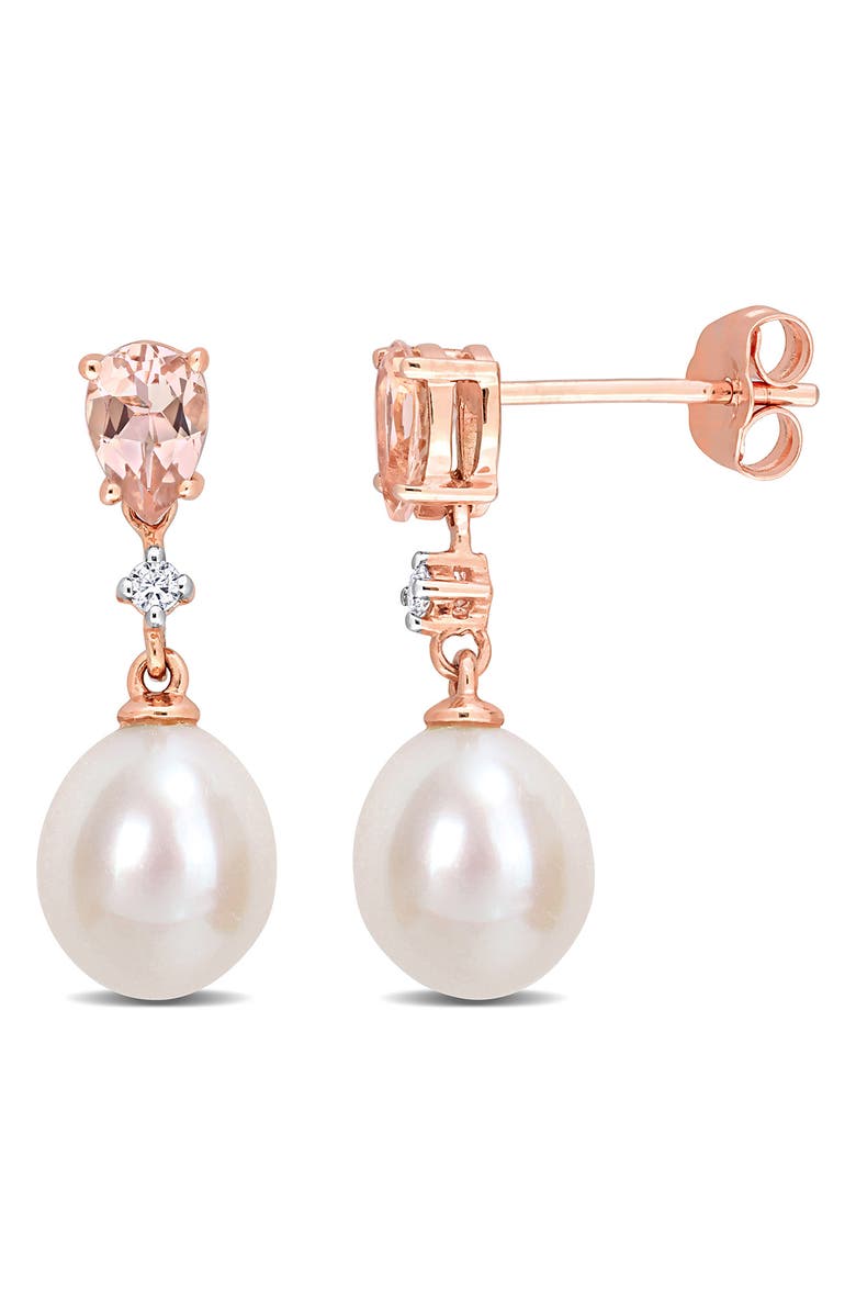DELMAR 14K Rose Gold 8–8.5mm Cultured Freshwater Pearl, Morganite & Diamond Drop Earrings - 0.04ct., Main, color,