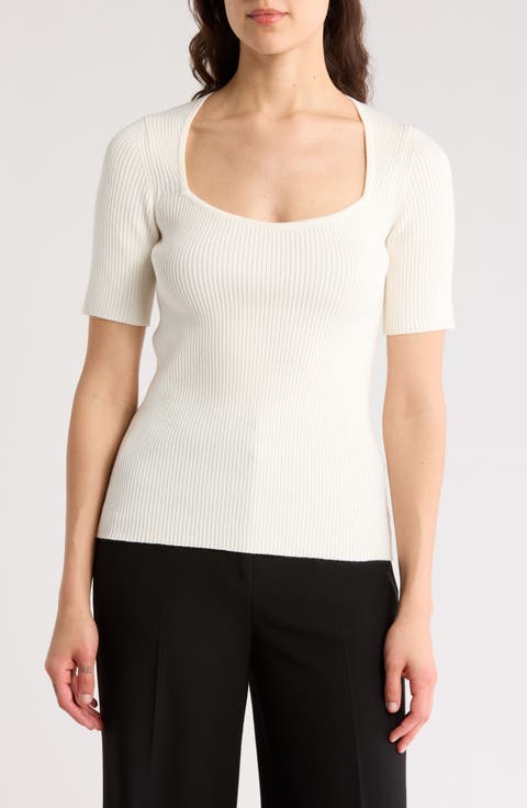 売れ筋商品|||ヴィンスカムート カットソー トップス レディース Plus Size Crewneck Polished Short-Sleeve Knit Top Ultra White A73950006-front-pdp-lse?$