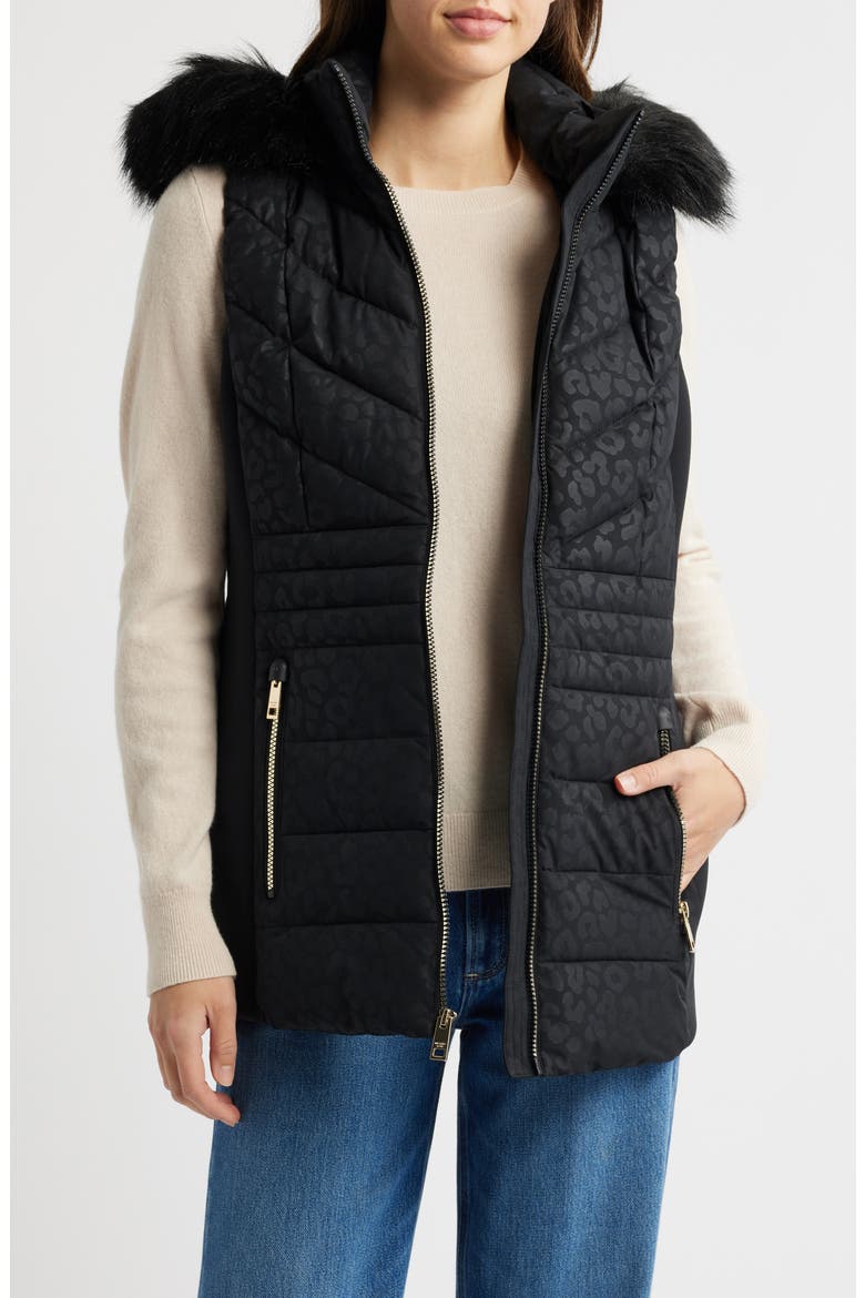 Faux Fur Trim Quilted Vest, Alternate, color, BLACK