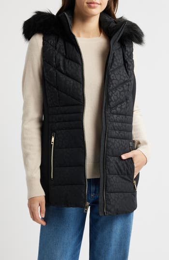 Michael Michael Kors Women s Faux Fur Trim Quilted Vest Black Waistcoats