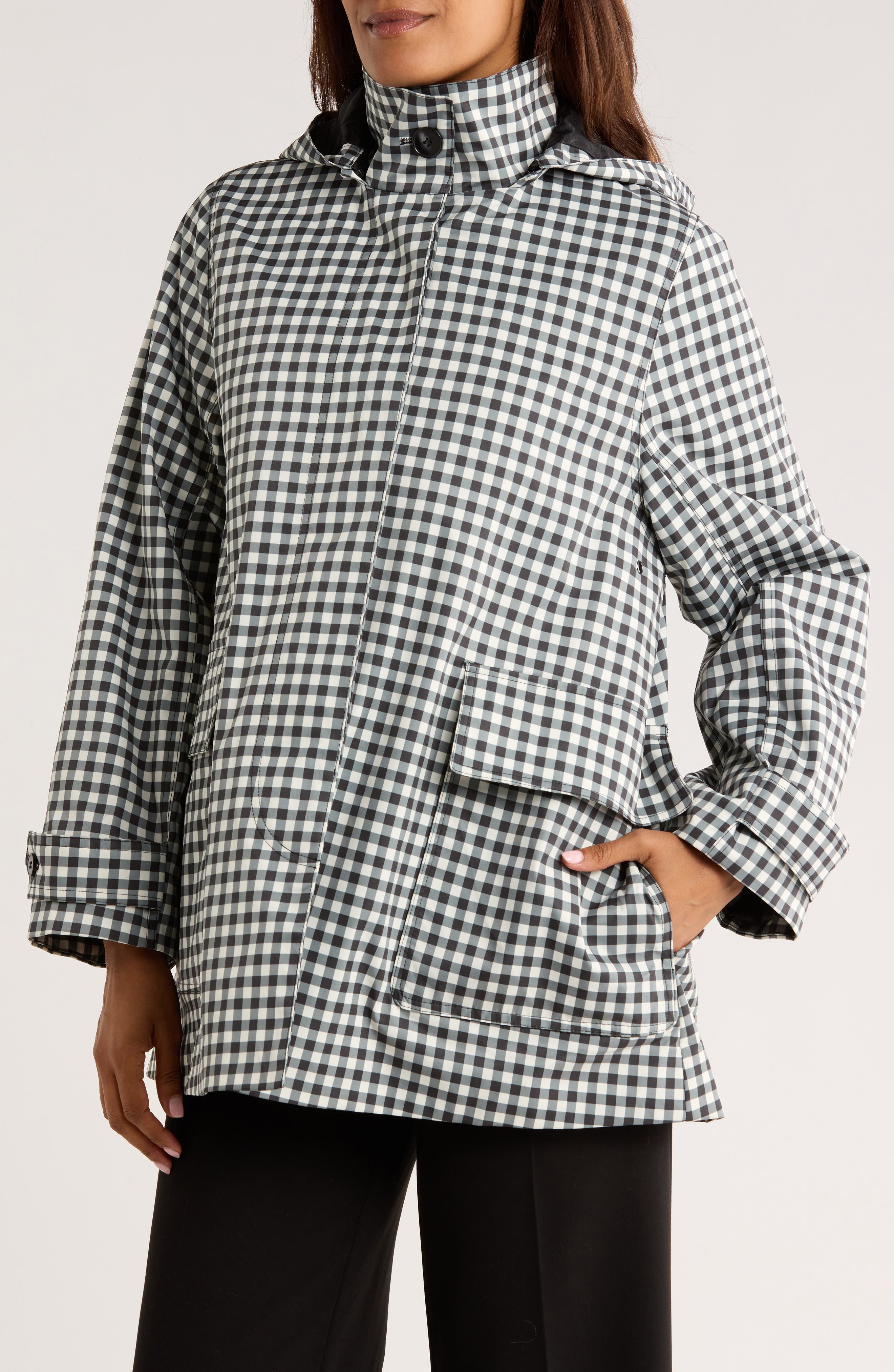 Bernardo Gingham Hooded Raincoat