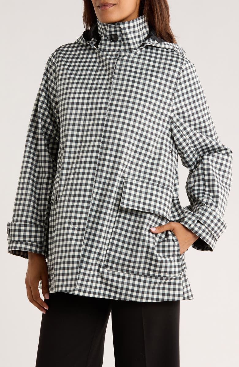 Bernardo Gingham Hooded Raincoat, Main, color, Black/White