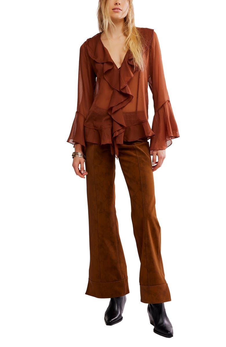 Free People Tulula Ruffle Chiffon Top, Alternate, color, Umber Earth Combo